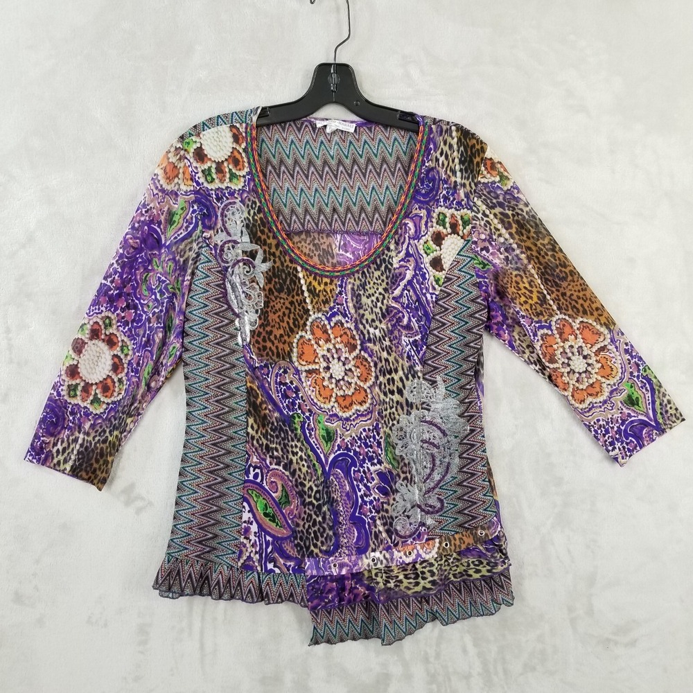Alberto Makali Top Women PXL Embroidered Multi‎ Mesh Eclectic Hippie Art Shirt